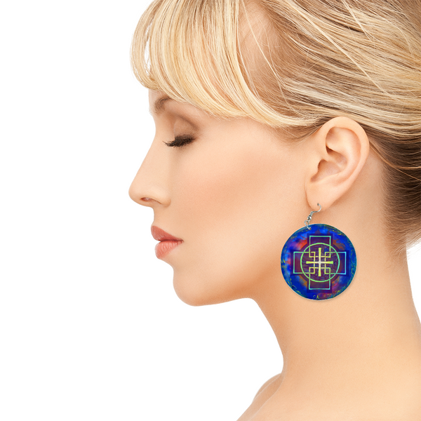 Blue Swedenborg Cross Round Wooden Earrings