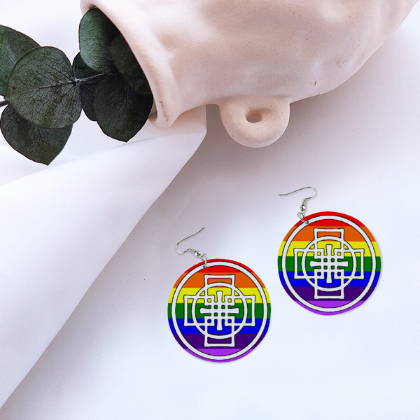 Rainbow Swedenborg Cross Round Wooden Earrings