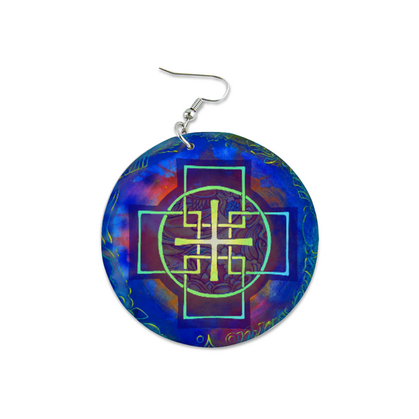 Blue Swedenborg Cross Round Wooden Earrings